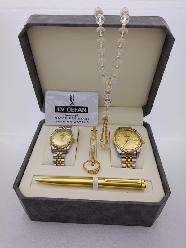 "Men's Stainless Steel Set: Watch, Rosary, Pen & Cufflinks-طقم رجالي من الفولاذ المقاوم للصدأ: ساعة، مسبحة، قلم وأزرار أكمام